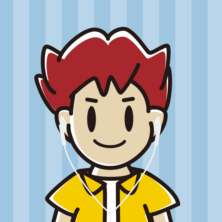 イヤホンをつけた男子大学生のイラスト【色、背景あり】PNG