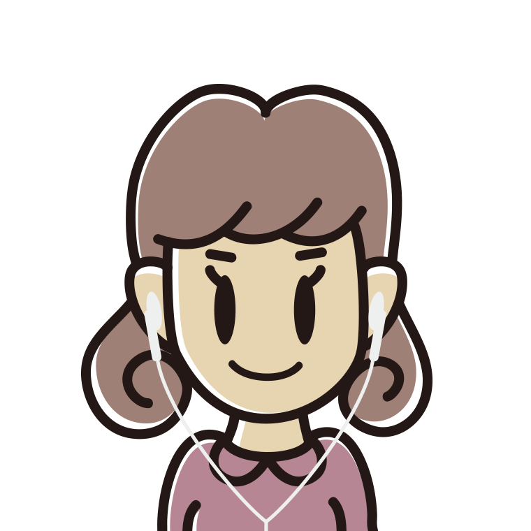 イヤホンをつけた女子大学生のイラスト【色あり、背景なし】透過PNG