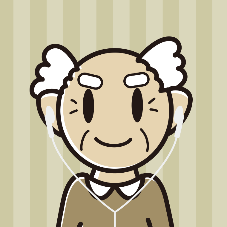 イヤホンをつけたおじいさんのイラスト【色、背景あり】PNG