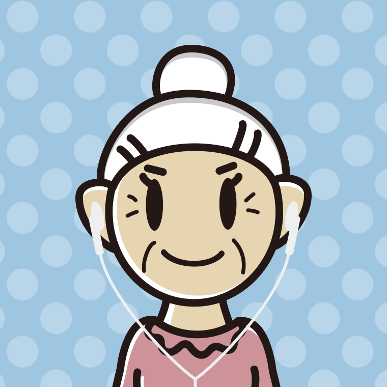 イヤホンをつけたおばあさんのイラスト【色、背景あり】PNG