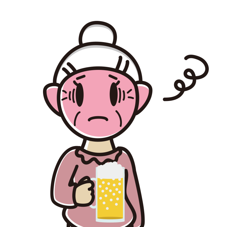 酔っぱらって困るおばあさんのイラスト【色あり、背景なし】透過PNG