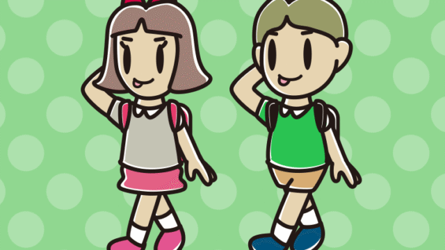 通学中にテヘヘな小学生のイラスト【色、背景あり】PNG