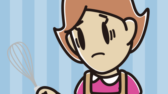 泡立て器で困る女性のイラスト【色、背景あり】PNG