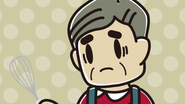 泡立て器で困るおじさんのイラスト【色、背景あり】PNG