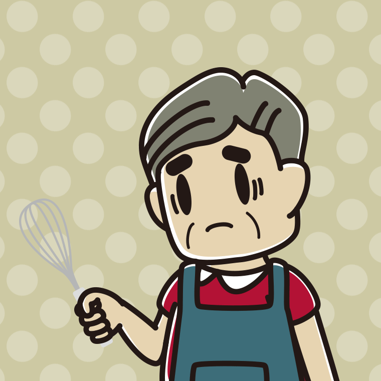 泡立て器で困るおじさんのイラスト【色、背景あり】PNG