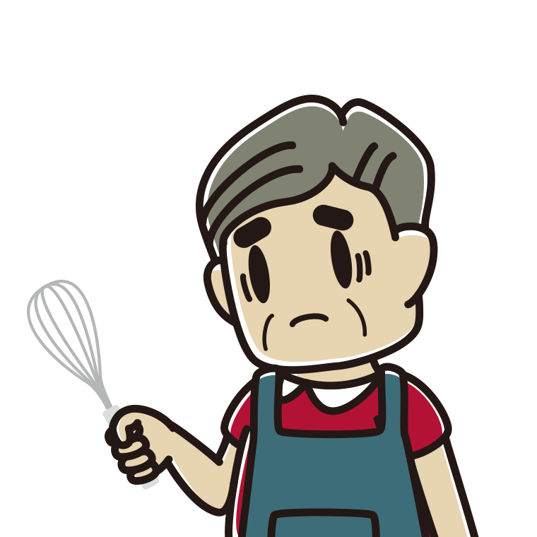 泡立て器で困るおじさんのイラスト【色あり、背景なし】透過PNG
