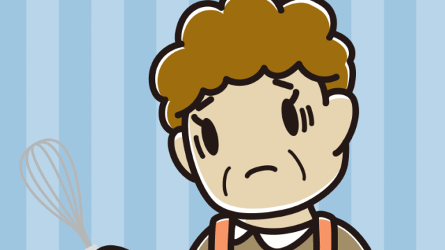 泡立て器で困るおばさんのイラスト【色、背景あり】PNG