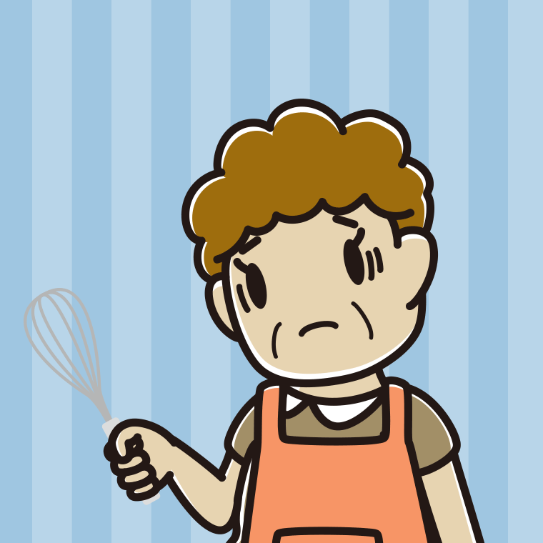 泡立て器で困るおばさんのイラスト【色、背景あり】PNG