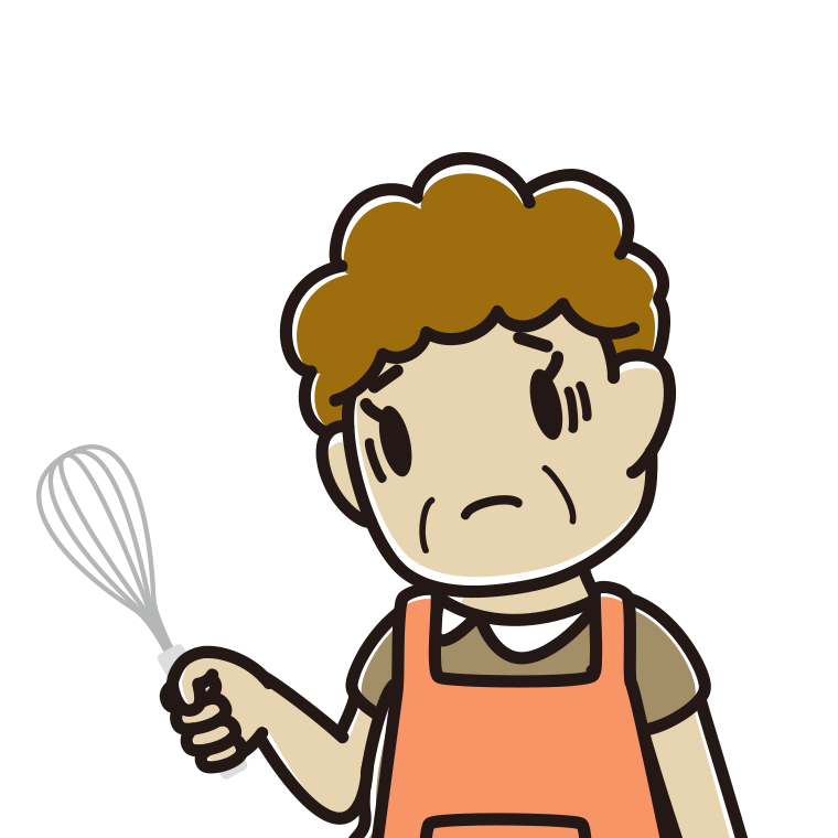 泡立て器で困るおばさんのイラスト【色あり、背景なし】透過PNG