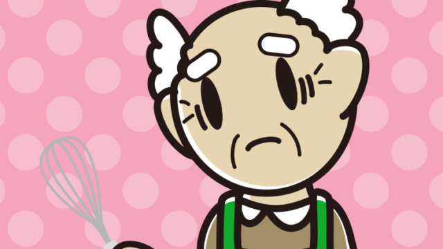 泡立て器で困るおじいさんのイラスト【色、背景あり】PNG