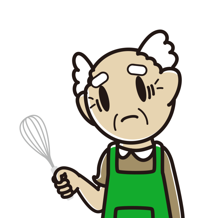 泡立て器で困るおじいさんのイラスト【色あり、背景なし】透過PNG