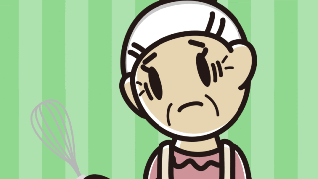 泡立て器で困るおばあさんのイラスト【色、背景あり】PNG