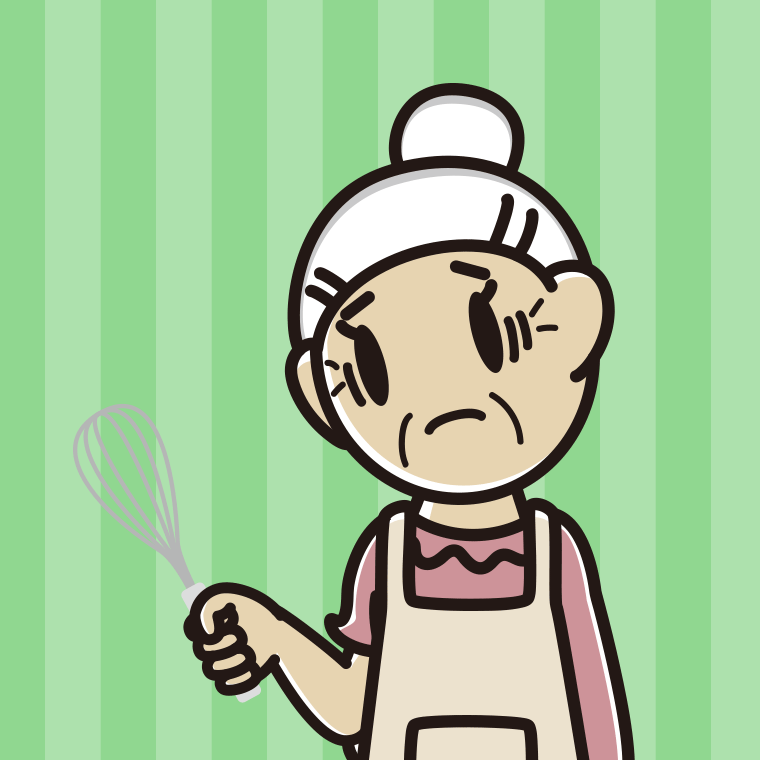 泡立て器で困るおばあさんのイラスト【色、背景あり】PNG