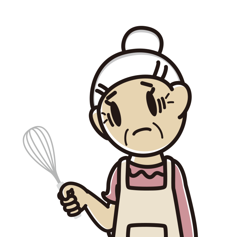 泡立て器で困るおばあさんのイラスト【色あり、背景なし】透過PNG