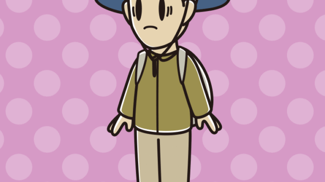 困るアウトドア姿の男性のイラスト【色、背景あり】PNG