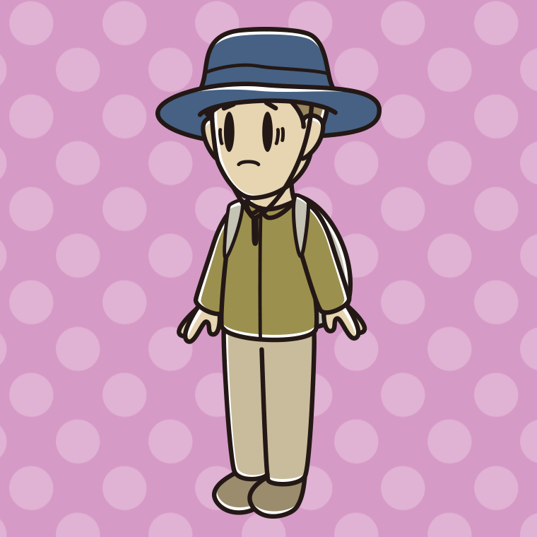 困るアウトドア姿の男性のイラスト【色、背景あり】PNG