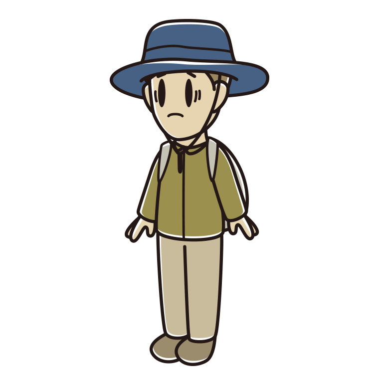 困るアウトドア姿の男性のイラスト【色あり、背景なし】透過PNG
