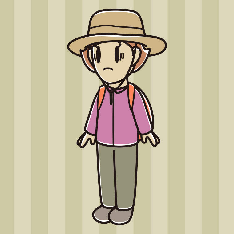 困るアウトドア姿の女性のイラスト【色、背景あり】PNG