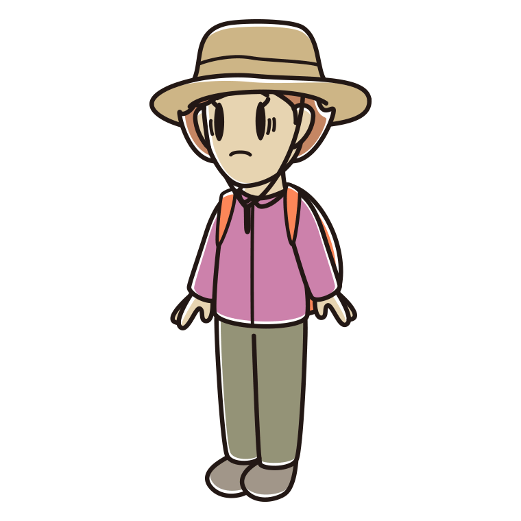 困るアウトドア姿の女性のイラスト【色あり、背景なし】透過PNG