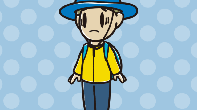 困るアウトドア姿の小学生男子のイラスト【色、背景あり】PNG