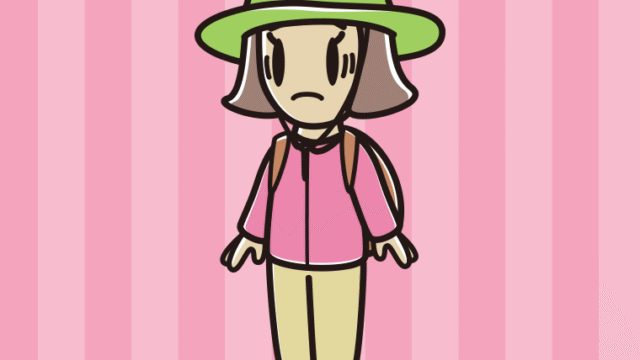 困るアウトドア姿の小学生女子のイラスト【色、背景あり】PNG