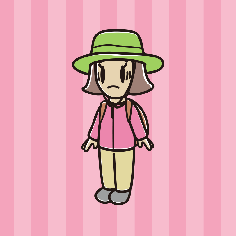 困るアウトドア姿の小学生女子のイラスト【色、背景あり】PNG