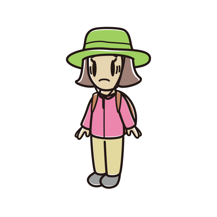 困るアウトドア姿の小学生女子のイラスト【色あり、背景なし】透過PNG