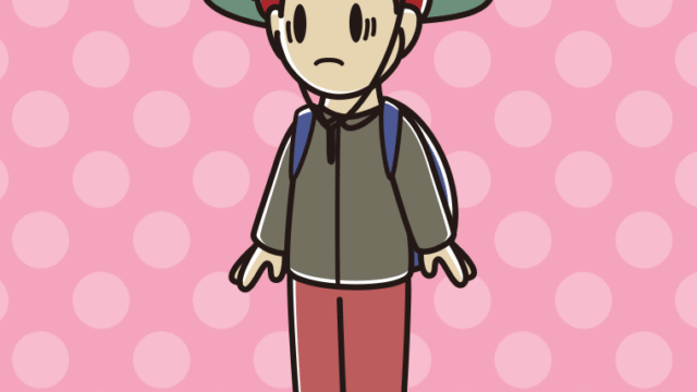 困るアウトドア姿の男子大学生のイラスト【色、背景あり】PNG