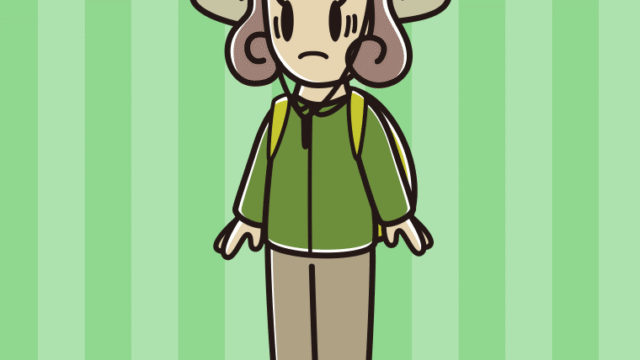 困るアウトドア姿の女子大学生のイラスト【色、背景あり】PNG