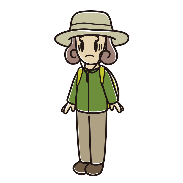 困るアウトドア姿の女子大学生のイラスト【色あり、背景なし】透過PNG