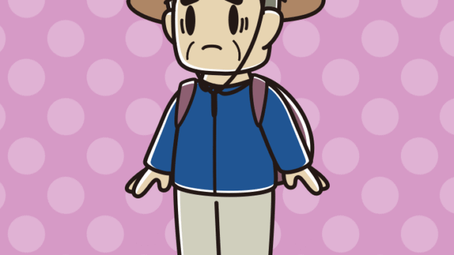 困るアウトドア姿のおじさんのイラスト【色、背景あり】PNG