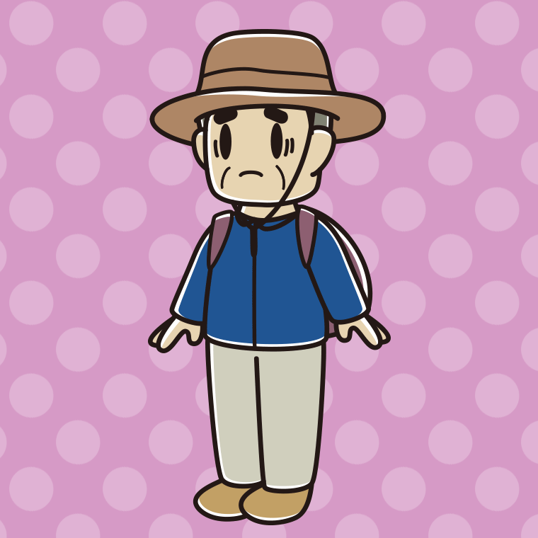 困るアウトドア姿のおじさんのイラスト【色、背景あり】PNG