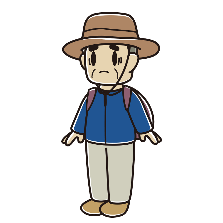 困るアウトドア姿のおじさんのイラスト【色あり、背景なし】透過PNG