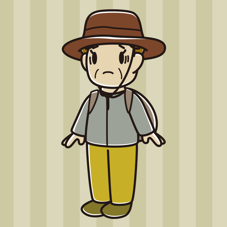 困るアウトドア姿のおばさんのイラスト【色、背景あり】PNG