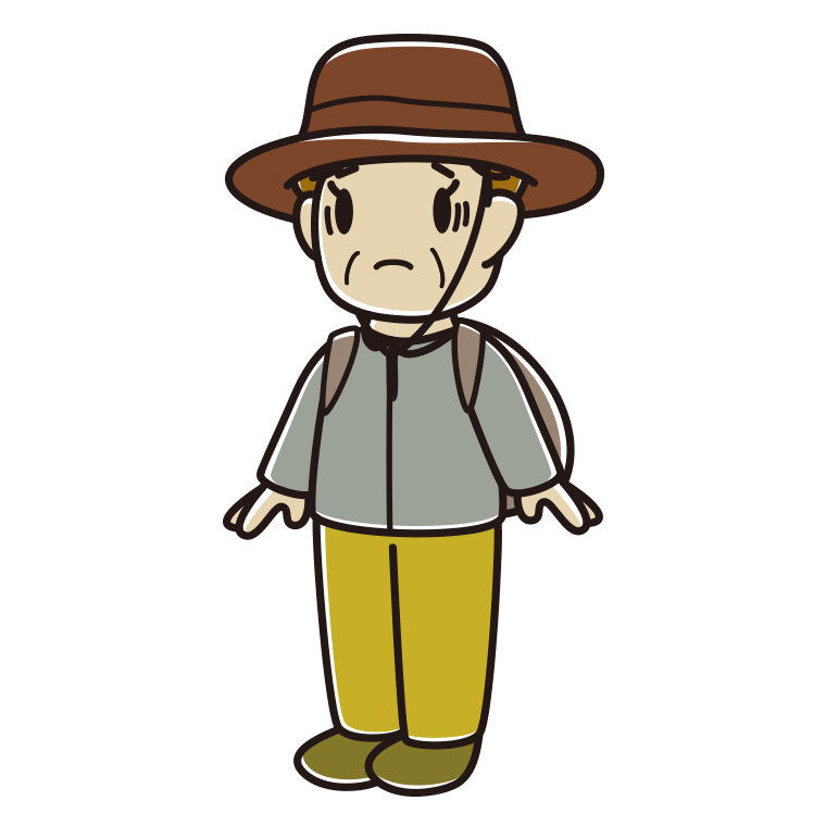 困るアウトドア姿のおばさんのイラスト【色あり、背景なし】透過PNG