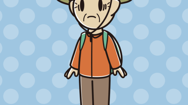 困るアウトドア姿のおじいさんのイラスト【色、背景あり】PNG