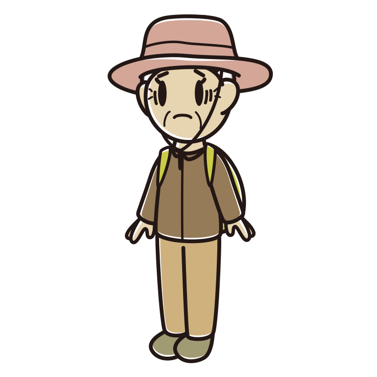 困るアウトドア姿のおばあさんのイラスト【色あり、背景なし】透過PNG