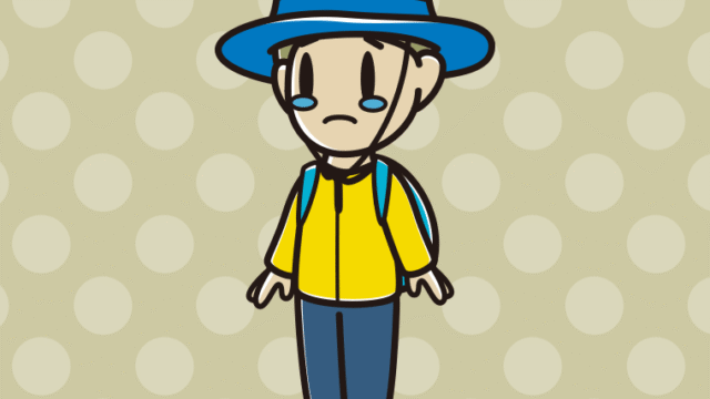 泣くアウトドア姿の小学生男子のイラスト【色、背景あり】PNG