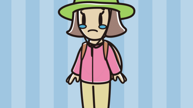 泣くアウトドア姿の小学生女子のイラスト【色、背景あり】PNG