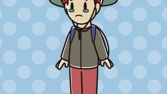 泣くアウトドア姿の男子大学生のイラスト【色、背景あり】PNG