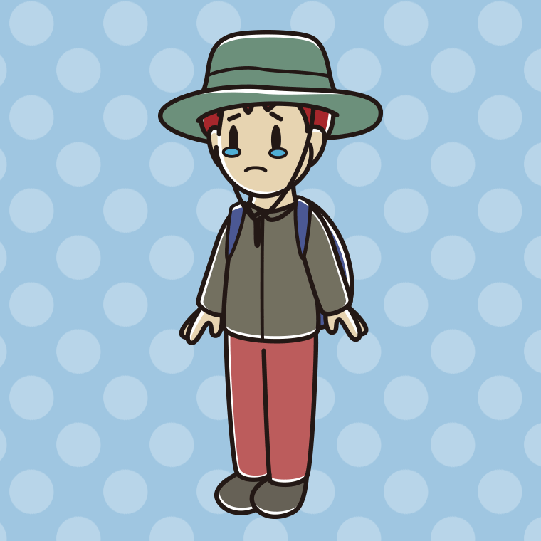 泣くアウトドア姿の男子大学生のイラスト【色、背景あり】PNG