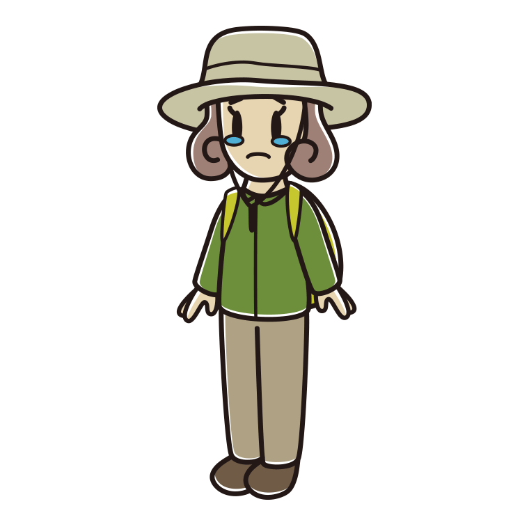 泣くアウトドア姿の女子大学生のイラスト【色あり、背景なし】透過PNG