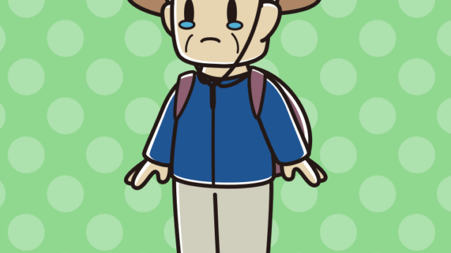 泣くアウトドア姿のおじさんのイラスト【色、背景あり】PNG