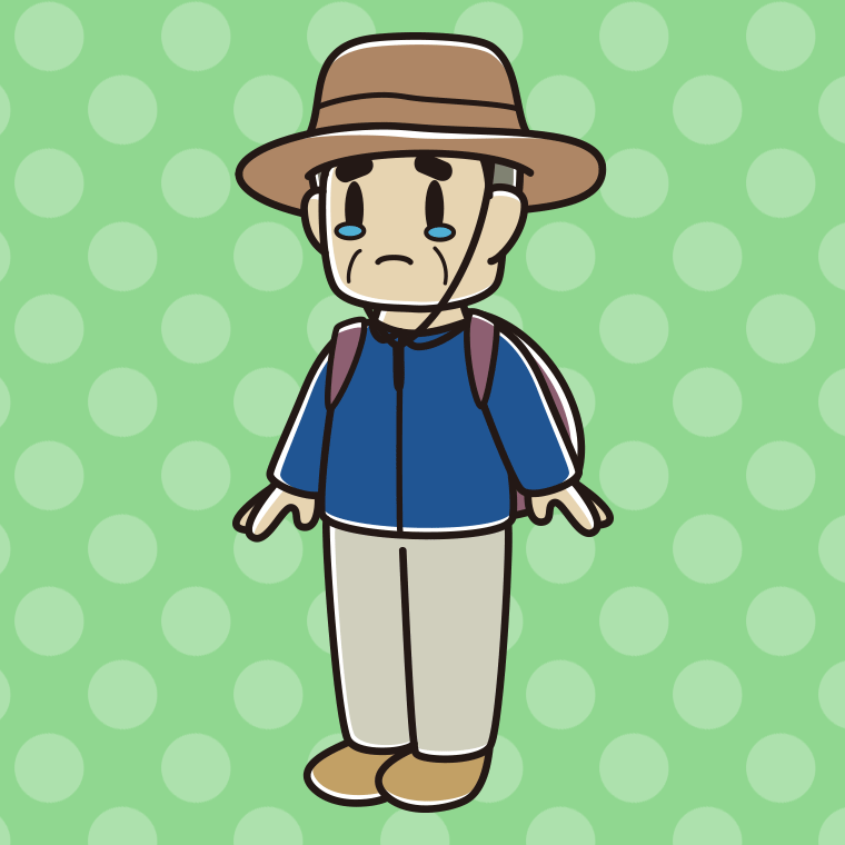 泣くアウトドア姿のおじさんのイラスト【色、背景あり】PNG