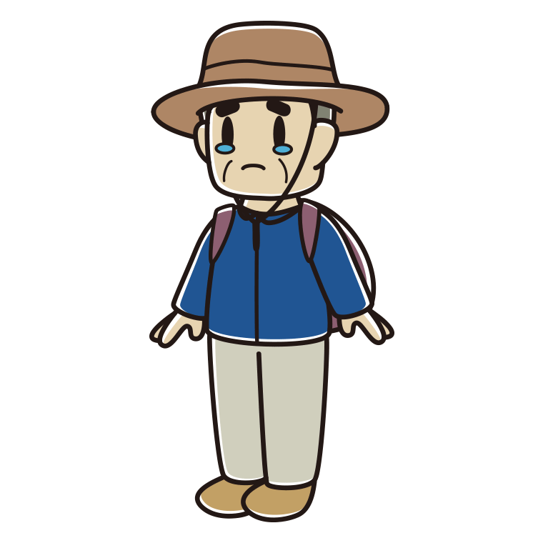 泣くアウトドア姿のおじさんのイラスト【色あり、背景なし】透過PNG