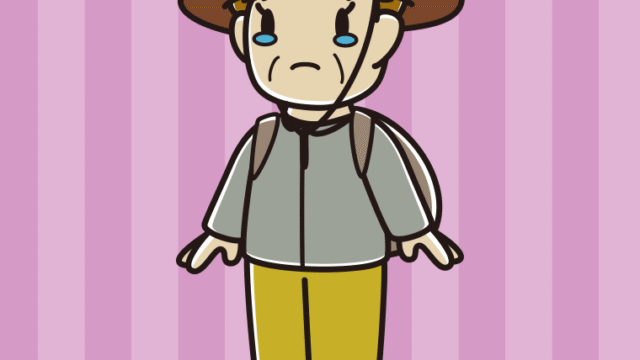 泣くアウトドア姿のおばさんのイラスト【色、背景あり】PNG