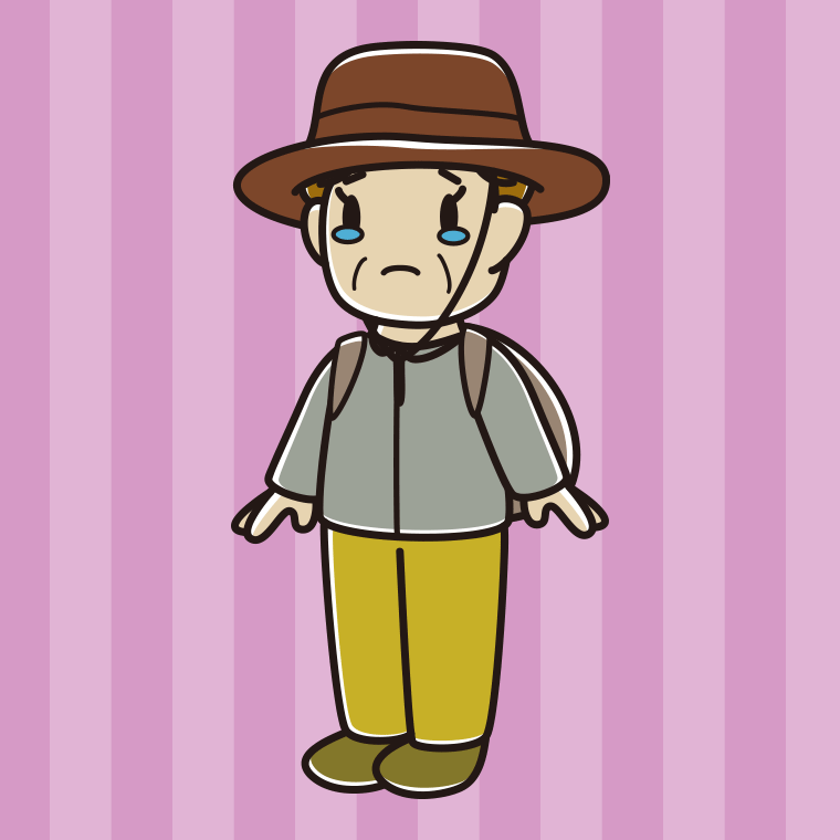 泣くアウトドア姿のおばさんのイラスト【色、背景あり】PNG