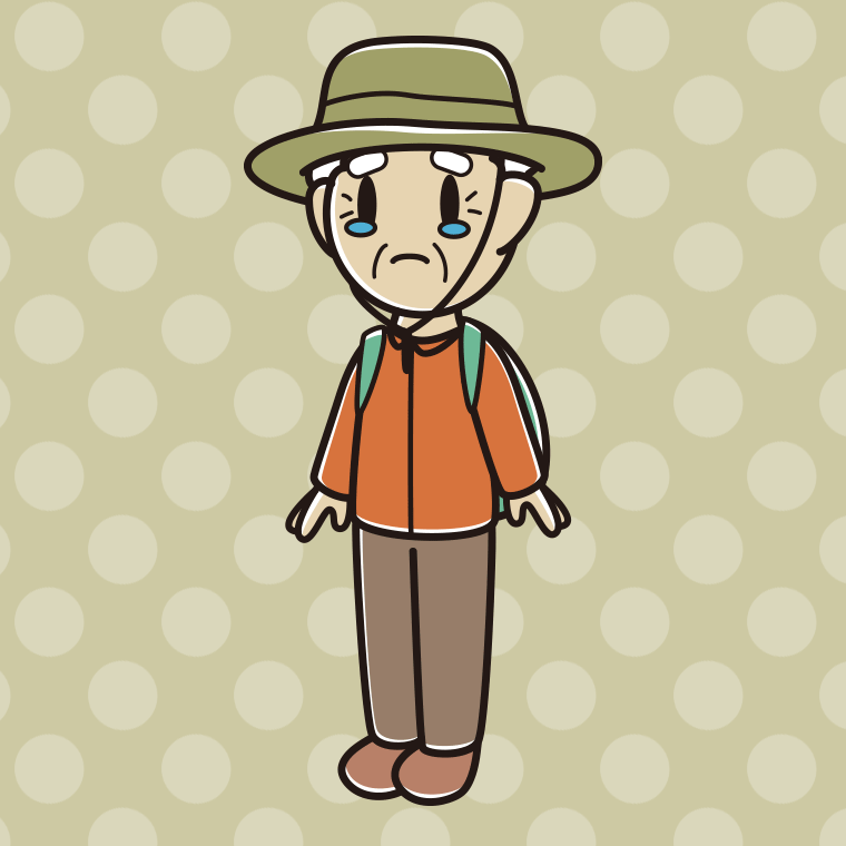 泣くアウトドア姿のおじいさんのイラスト【色、背景あり】PNG