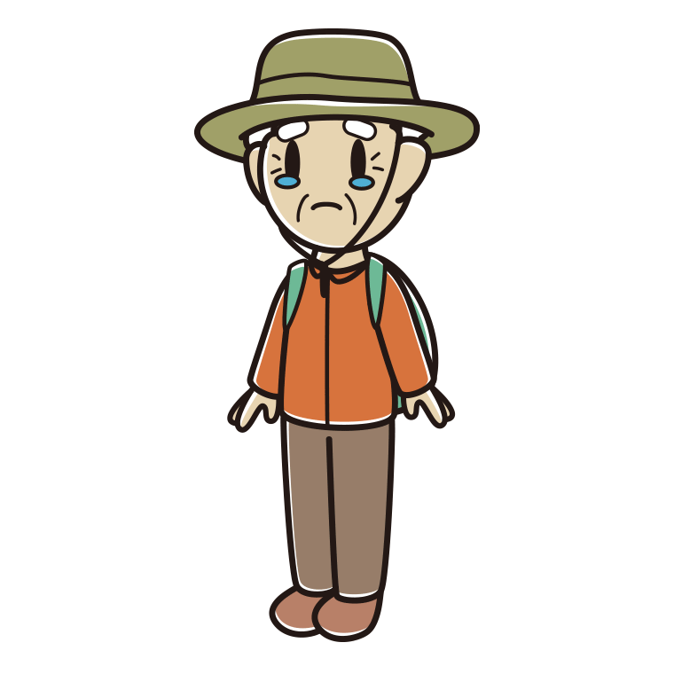 泣くアウトドア姿のおじいさんのイラスト【色あり、背景なし】透過PNG
