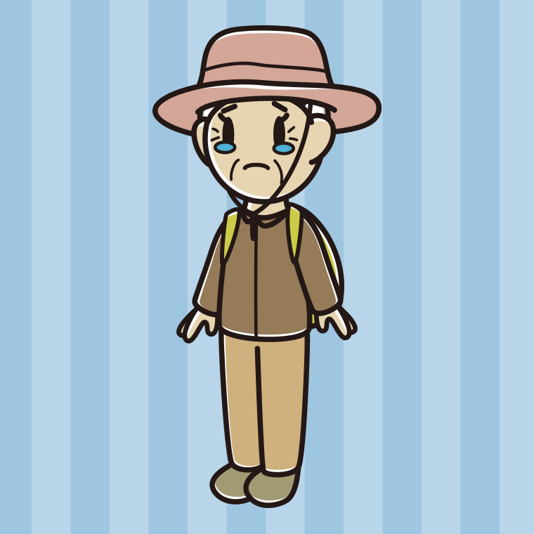 泣くアウトドア姿のおばあさんのイラスト【色、背景あり】PNG